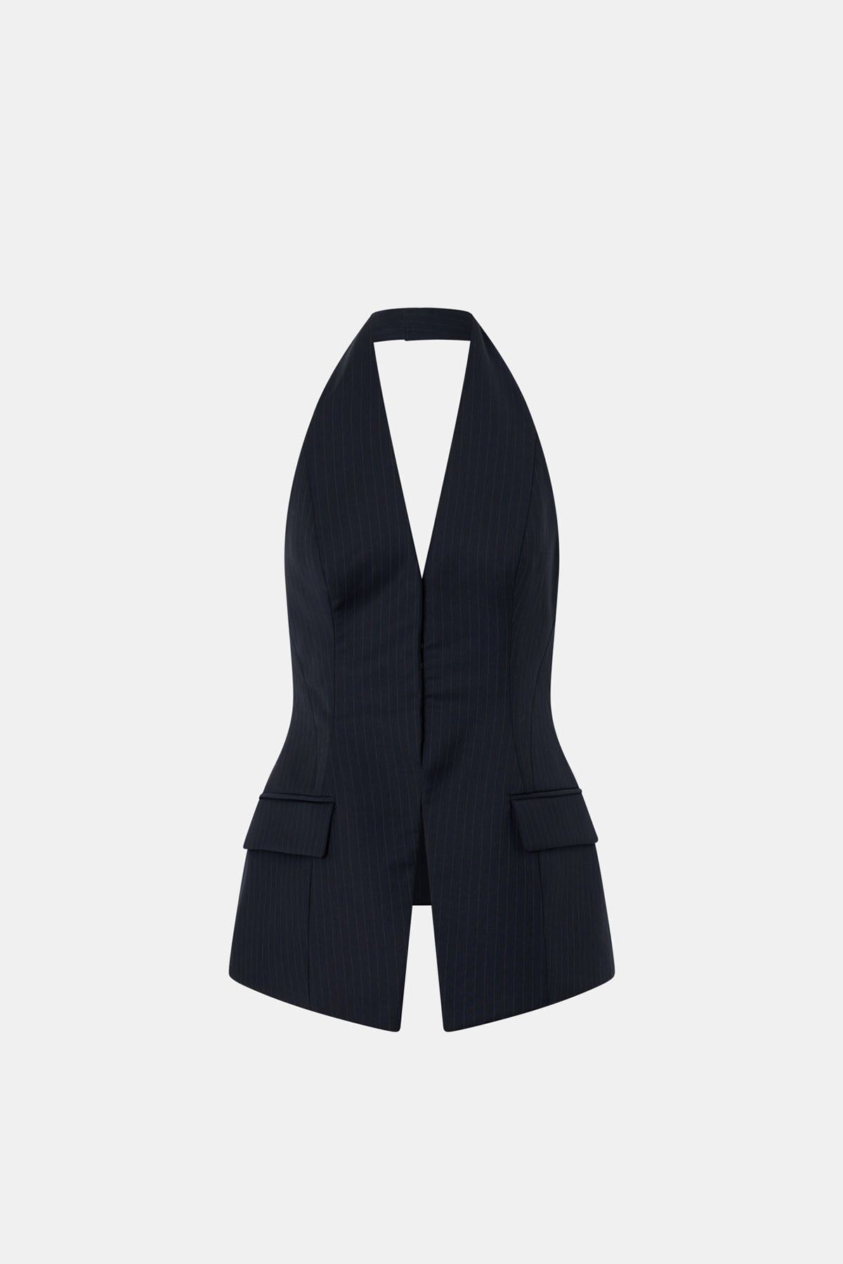 Ghost view CAMILLA AND MARC Orban Tailored Halter Top in Navy Pinstripe with deep V‑neck, fitted waist and open back.