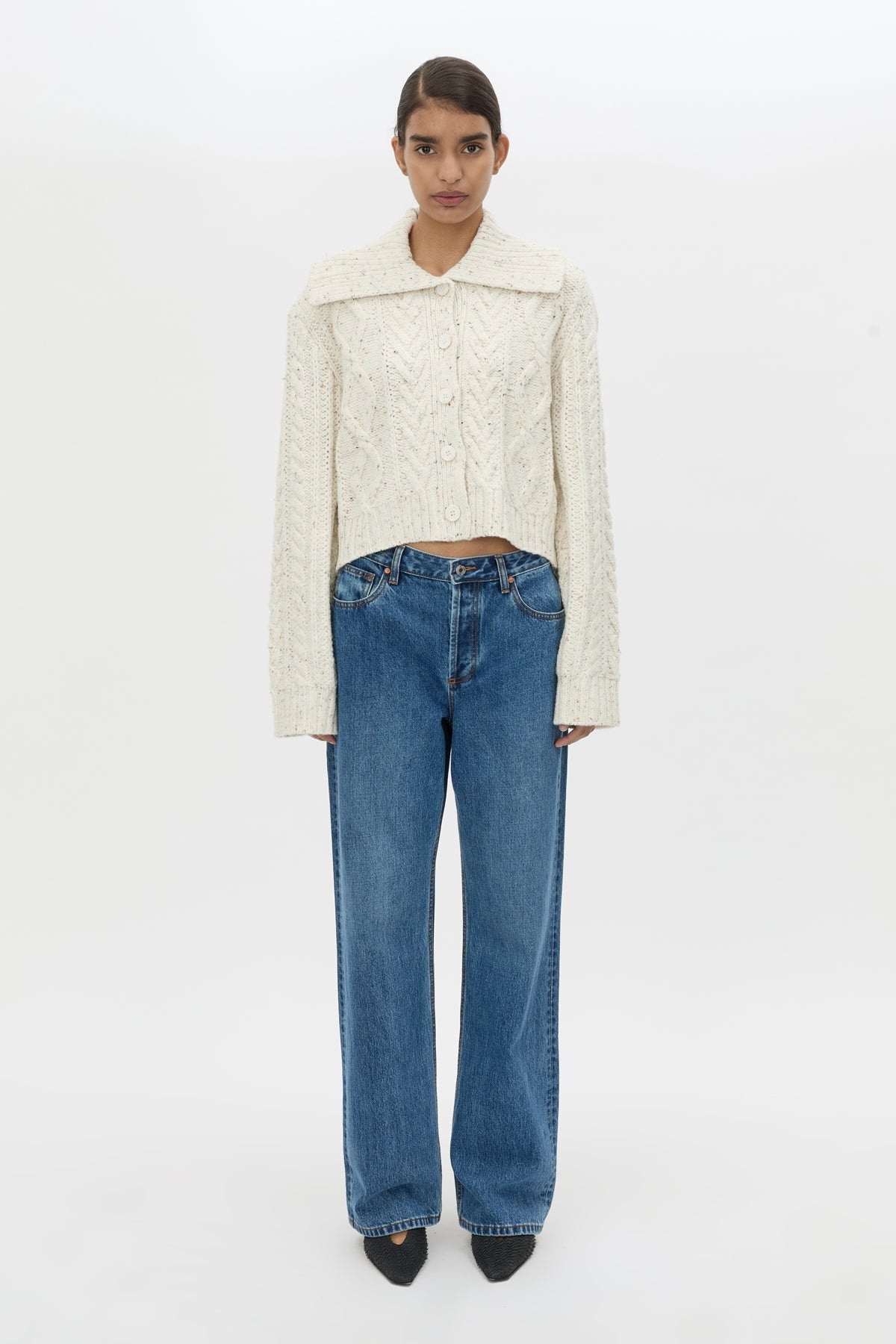 Front styled view CAMILLA AND MARC Oria Knit Cardigan in Marble cable‑knit with relaxed silhouette.