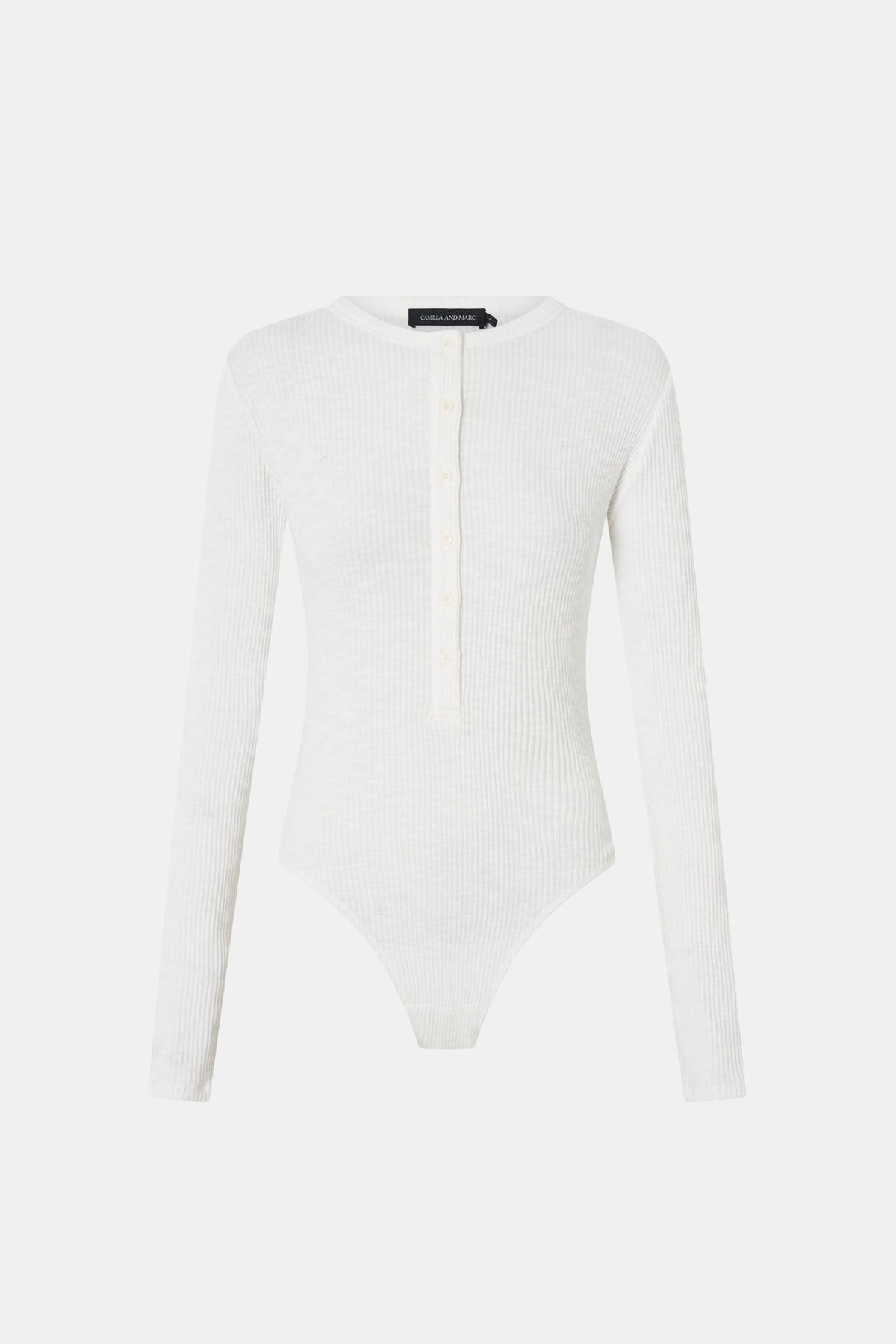 Ghost view CAMILLA AND MARC Orion Slub Jersey Bodysuit in White with long sleeves, and rib button placket.