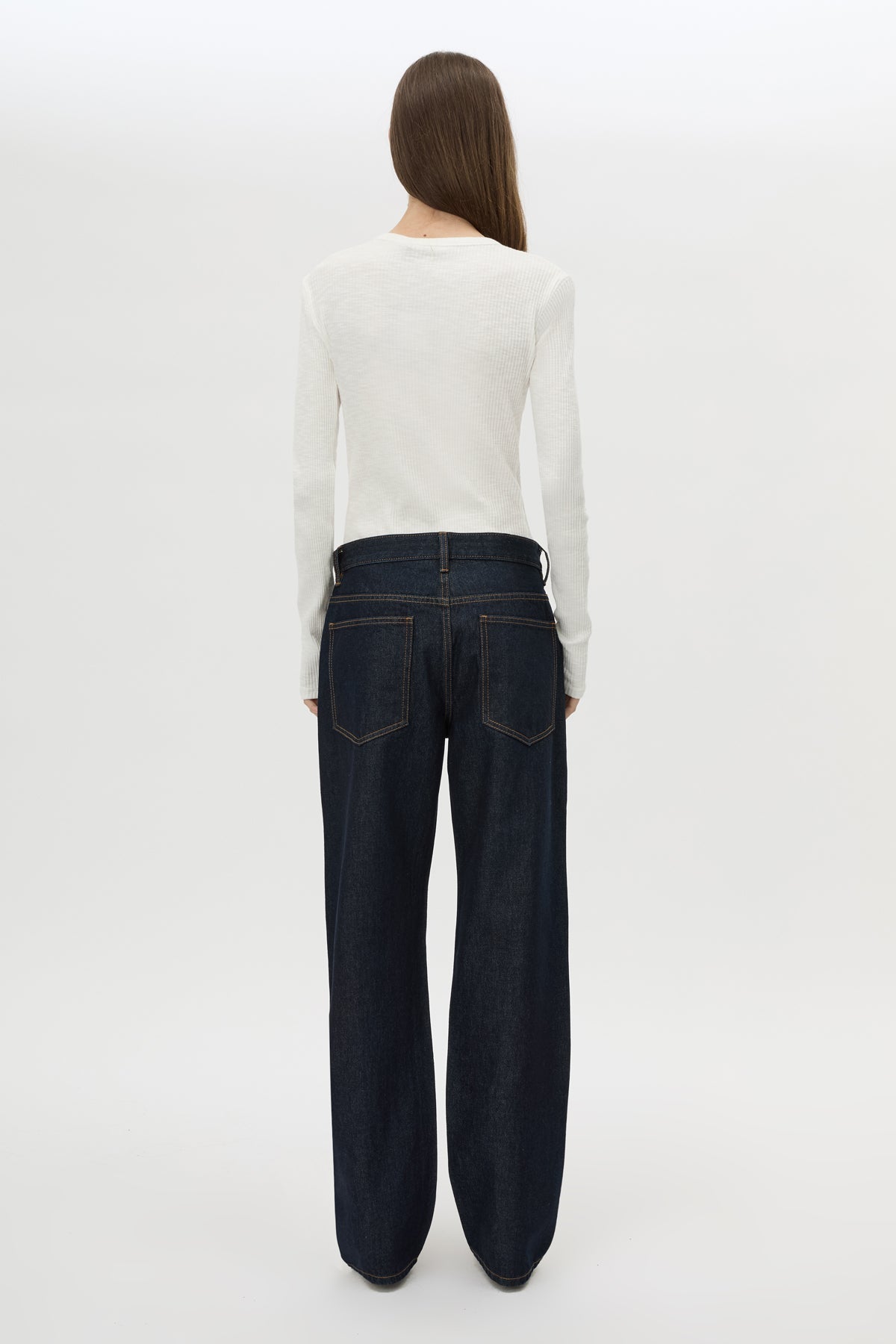 Back view CAMILLA AND MARC Orion Slub Jersey Bodysuit in White with long sleeves, and rib button placket.