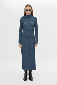 Front styled view CAMILLA AND MARC Orsa Midi Dress in Navy with a textured jersey finish.