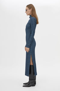 Side view CAMILLA AND MARC Orsa Midi Dress in Navy with long sleeves and a textured jersey finish.