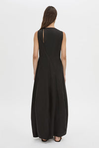 Back view CAMILLA AND MARC Paulena Maxi Dress in black with cocoon shaping and a straight neckline.
