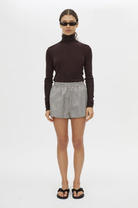 Front view CAMILLA AND MARC Pierce check elasticated mid-rise short in birch check with inseam pockets.