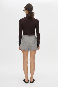 Back view CAMILLA AND MARC Pierce check elasticated mid-rise short in birch check with inseam pockets.