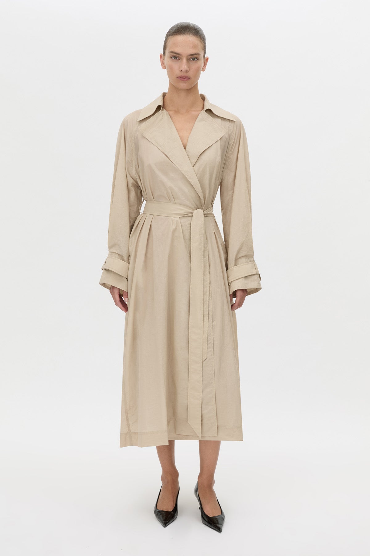 Front view CAMILLA AND MARC Pietro Full Length Sheer Trench in stone with raglan sleeves.
