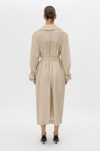Back view CAMILLA AND MARC Pietro Full Length Sheer Trench in stone with raglan sleeves.