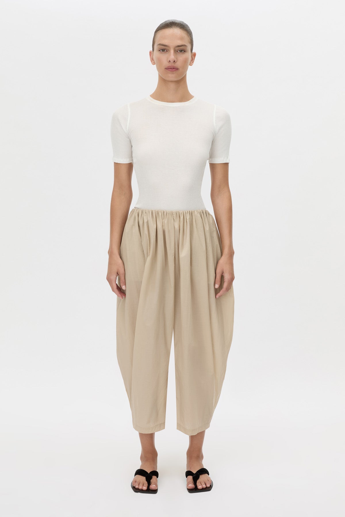 Front-styled view CAMILLA AND MARC Pietro Gathered Wide Leg Pant in stone with a voluminous leg.