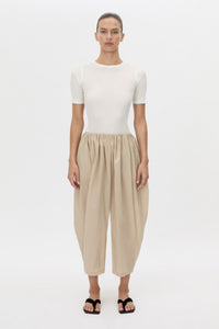 Front-styled view CAMILLA AND MARC Pietro Gathered Wide Leg Pant in stone with a voluminous leg.