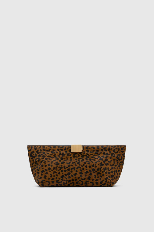 Front view CAMILLA AND MARC Poppy Leopard Clutch with pony‑finish fabrication.