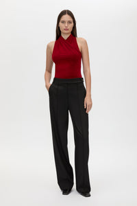 Front view CAMILLA AND MARC Ravine Bodysuit in Cherry Red with cross‑over neckline silhouette. 