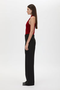Side view CAMILLA AND MARC Ravine Bodysuit in Cherry Red with cross‑over neckline silhouette. 