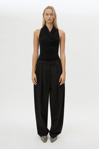 Front view CAMILLA AND MARC Ravine Bodysuit in Black styled with the Tala Barrel Leg Pant.