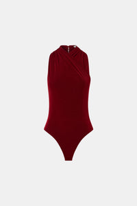 Ghost view CAMILLA AND MARC Ravine Bodysuit in Cherry Red with cross‑over neckline silhouette. 