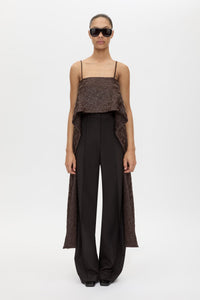 Front styled view CAMILLA AND MARC Rennick Cami Top in Chocolate with thin straps, cropped front hem and long draped back panels.