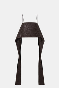 Ghost view CAMILLA AND MARC Rennick Cami Top in Chocolate with thin straps, cropped front hem and long draped back panels.