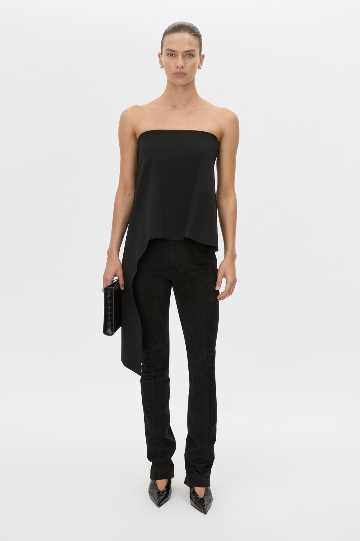 Front view CAMILLA AND MARC high-waisted Romina Pant in black stretch suede fabrication.