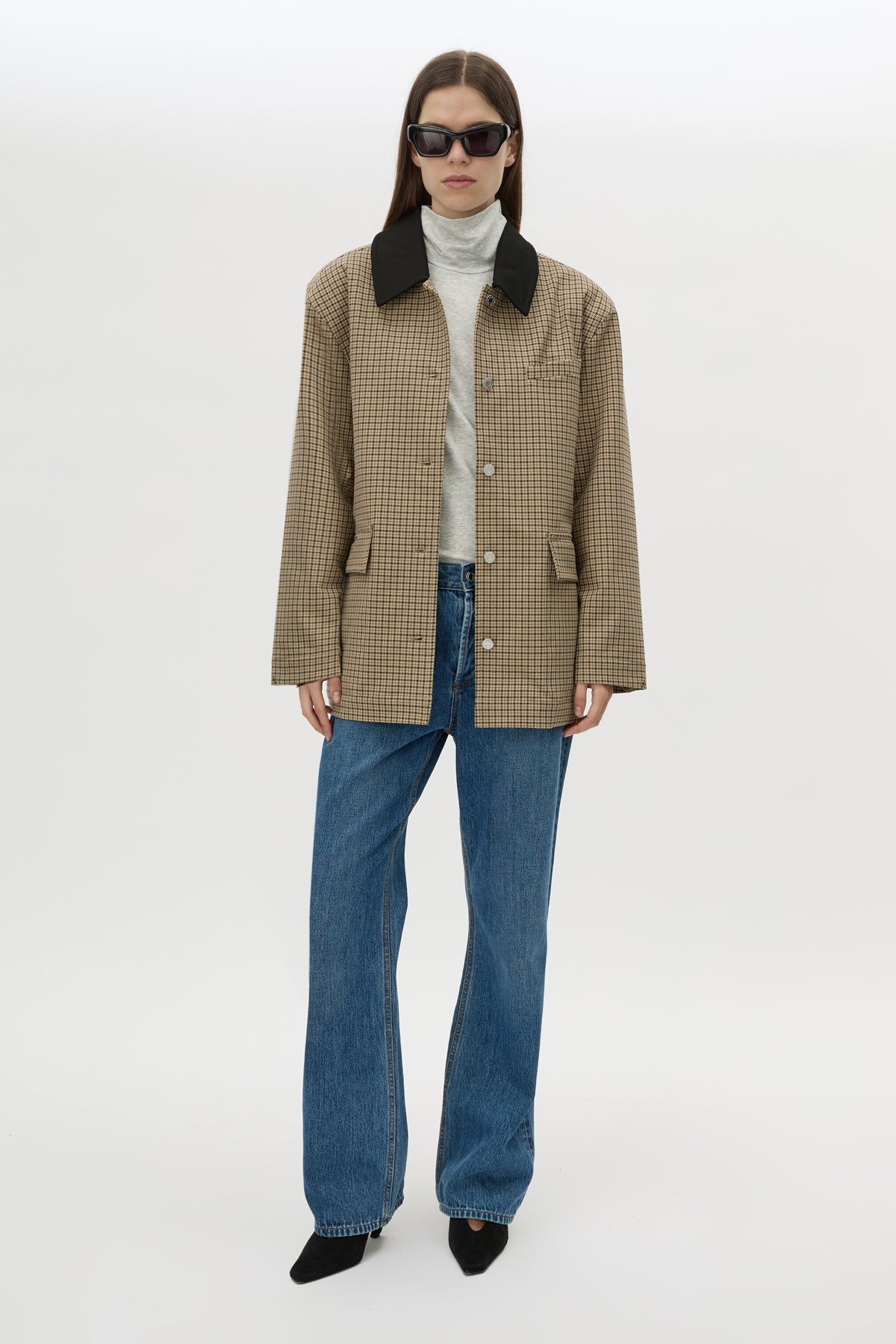 Front view CAMILLA AND MARC Sage Check Jacket in Walnut Check with denim detailing and contrast collar.