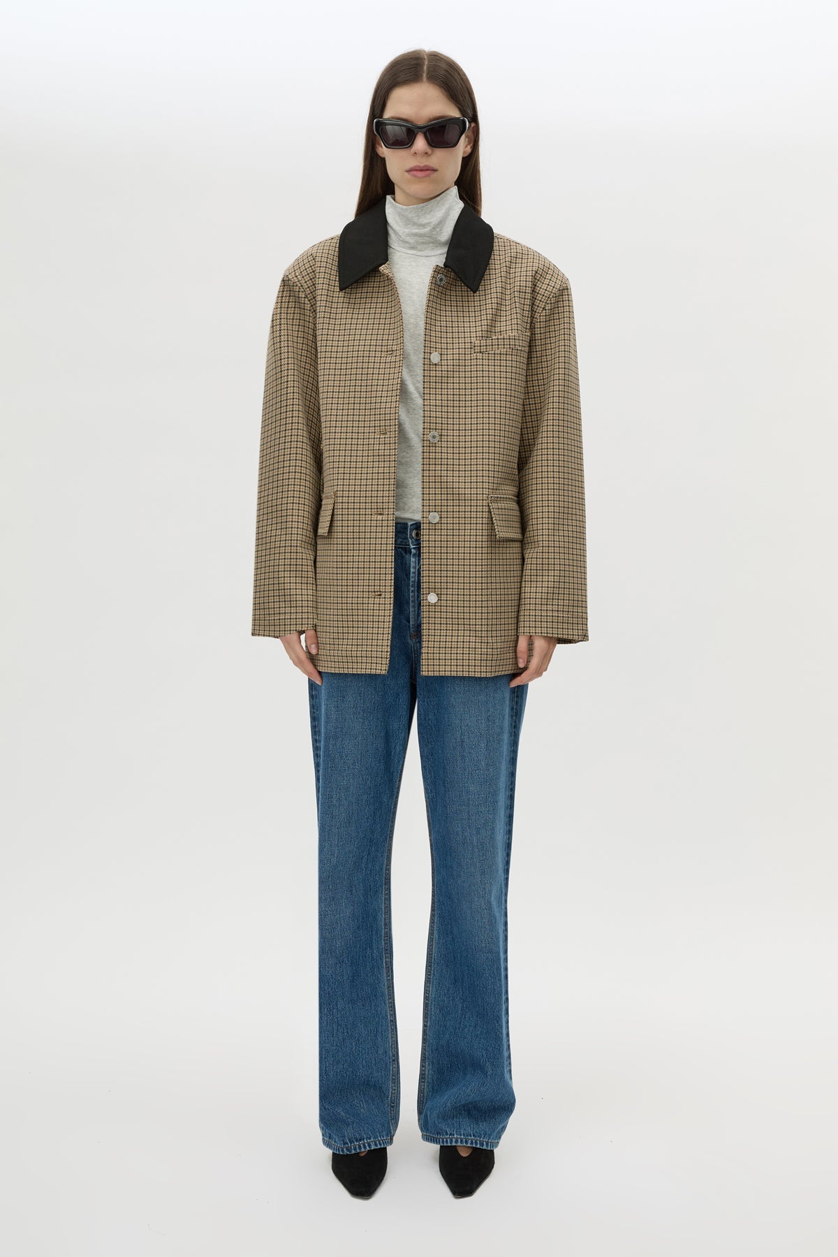 Front view CAMILLA AND MARC Sage Check Jacket in Walnut Check.