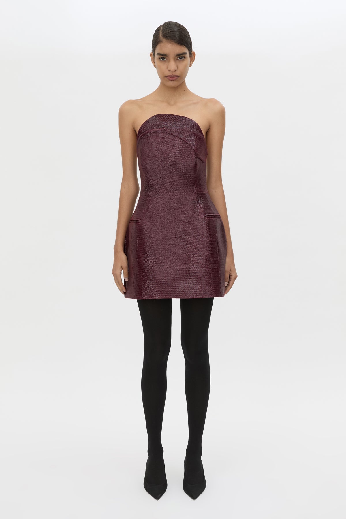 Front view CAMILLA AND MARC Sana Strapless Mini Dress in Burgundy with tailored finish and internal fitted bodice.