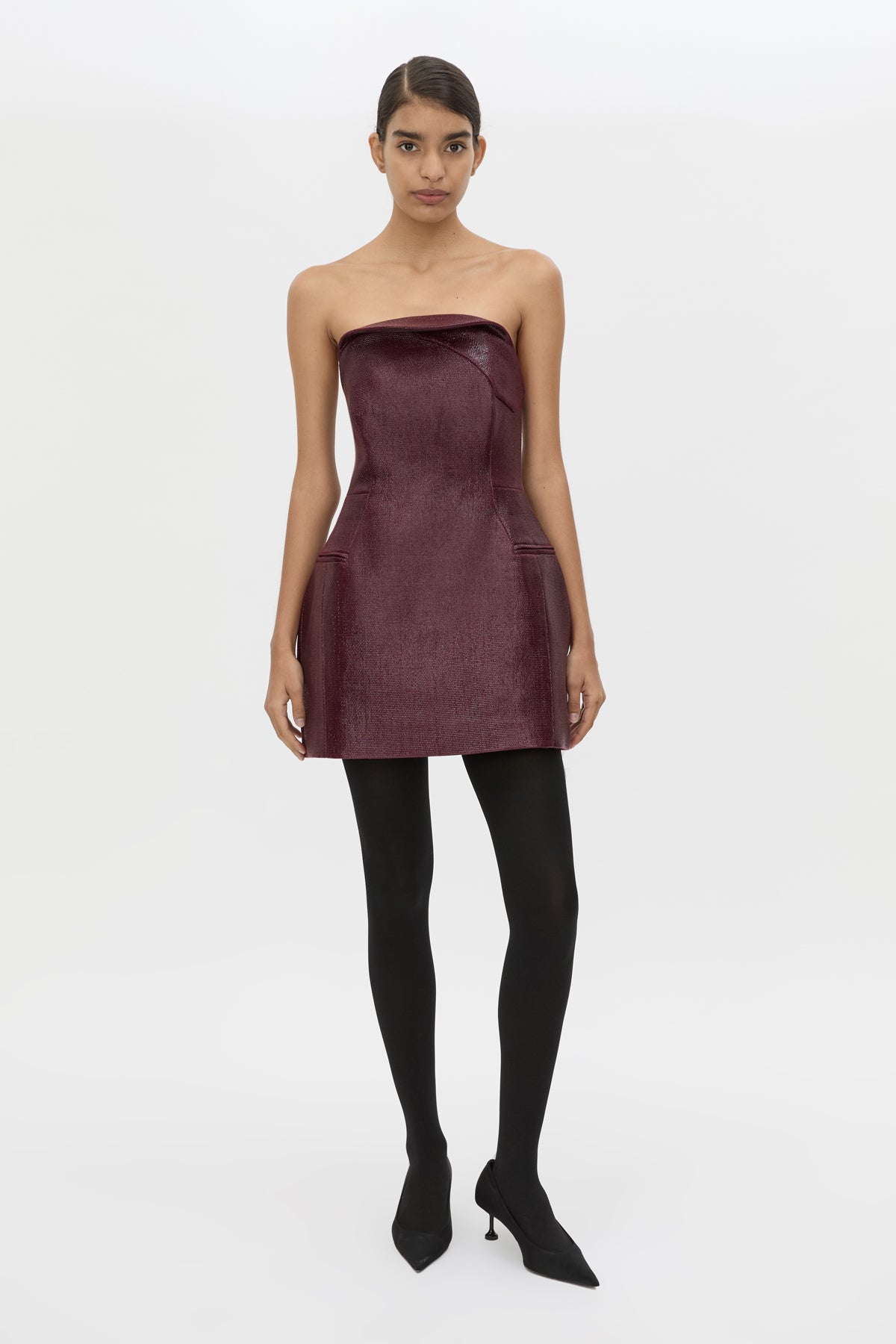 Front view CAMILLA AND MARC Sana Strapless Mini Dress in Burgundy styled with the Siri Satin Pumps.