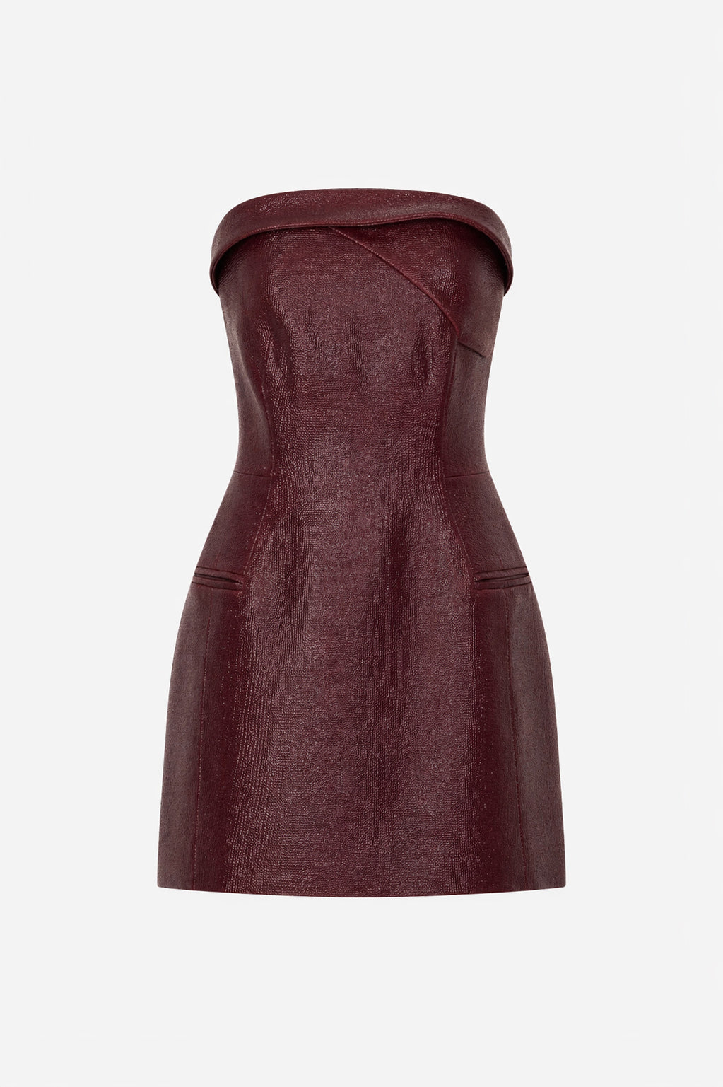 Ghost view CAMILLA AND MARC Sana Strapless Mini Dress in Burgundy with tailored finish and internal fitted bodice.
