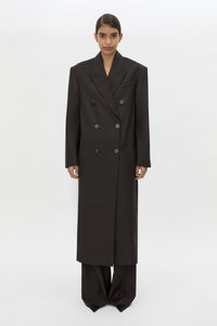 Front styled view CAMILLA AND MARC Saxony Double Breasted Coat in Espresso Pindot with tailored finish.
