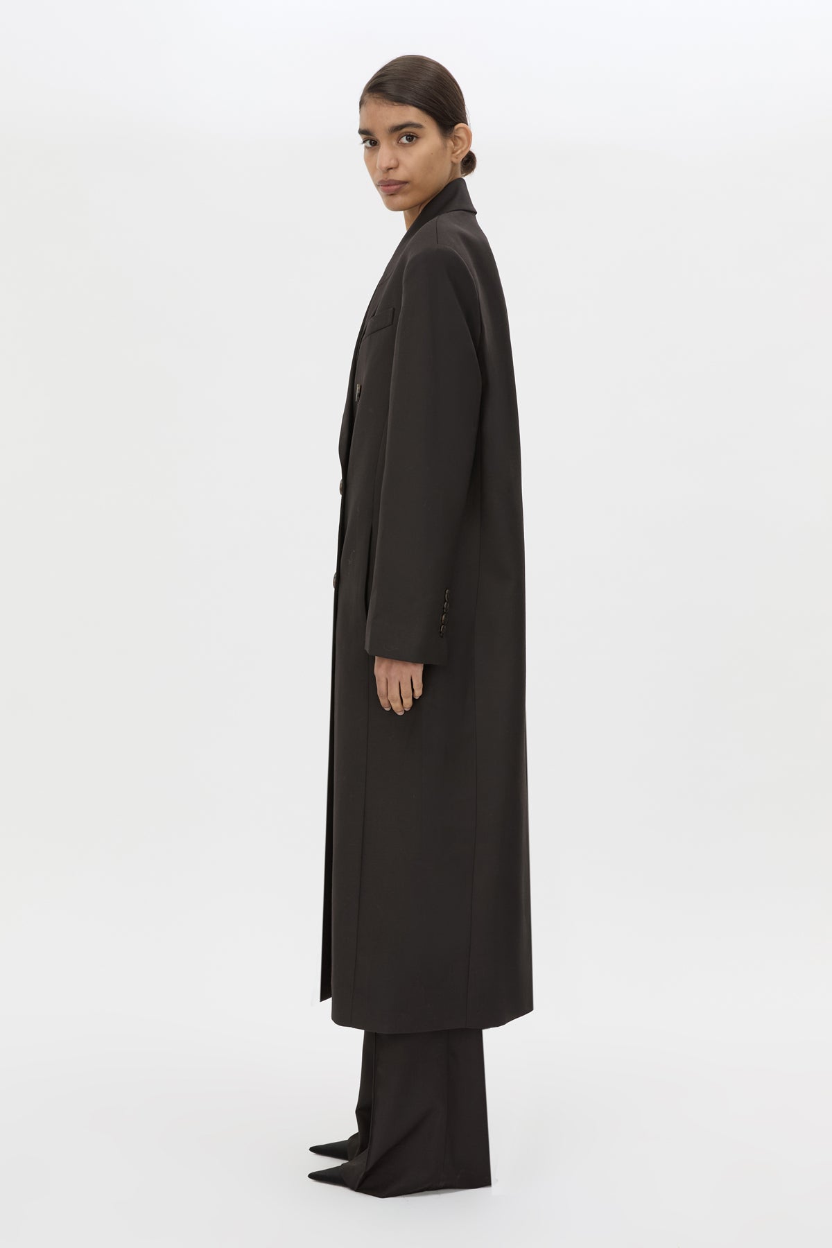 Side view CAMILLA AND MARC Saxony Double Breasted Coat in Espresso Pindot with tailored finish.