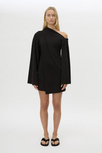 Front view CAMILLA AND MARC Serenitas Mini Dress in Black with off the shoulder long-sleeves.