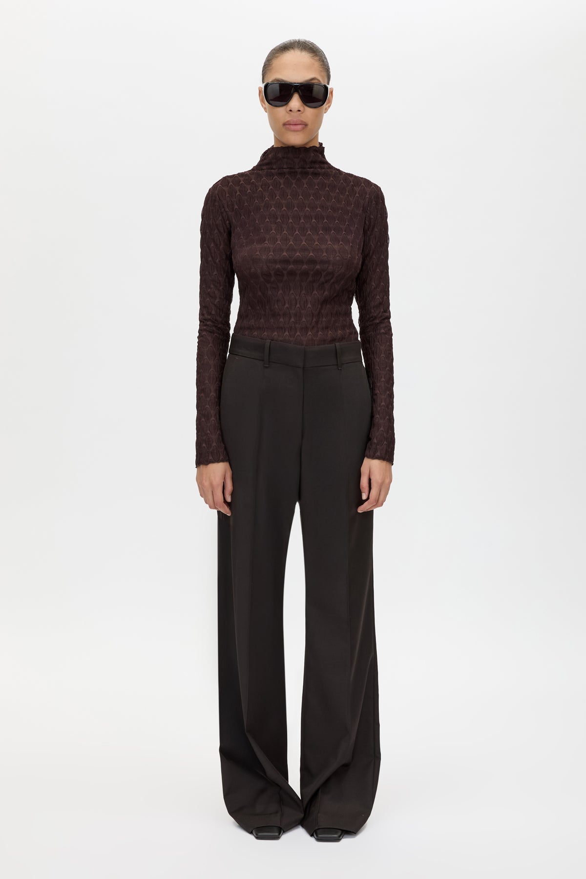 Front view CAMILLA AND MARC Sissil Top in Chocolate with long sleeves and funnel neckline.
