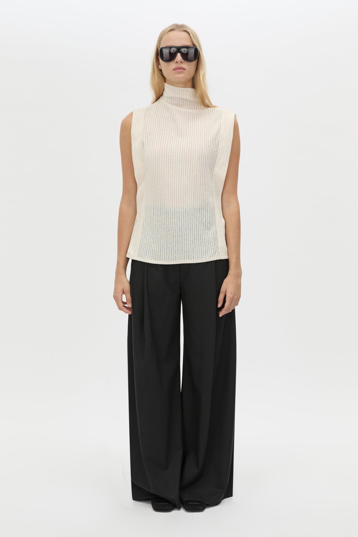 Front styled view CAMILLA AND MARC Talo Jersey Top in Cream with a boxy sleeveless cut.