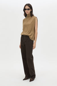 Three-quarter view CAMILLA AND MARC Talo Jersey Top in Tan with a boxy sleeveless cut.