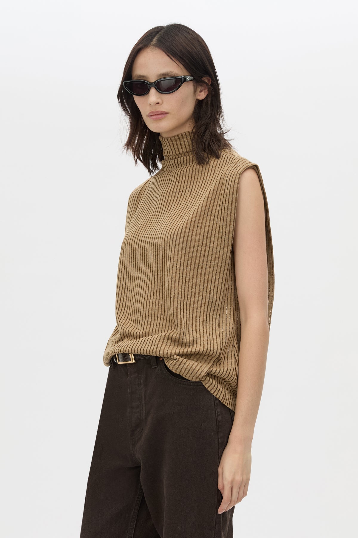 Cropped three-quarter view CAMILLA AND MARC Talo Jersey Top in Tan with a boxy sleeveless cut.