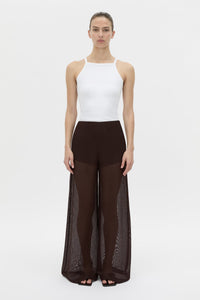 Front-styled view CAMILLA AND MARC high-waisted Tessara Pant in chocolate brown.