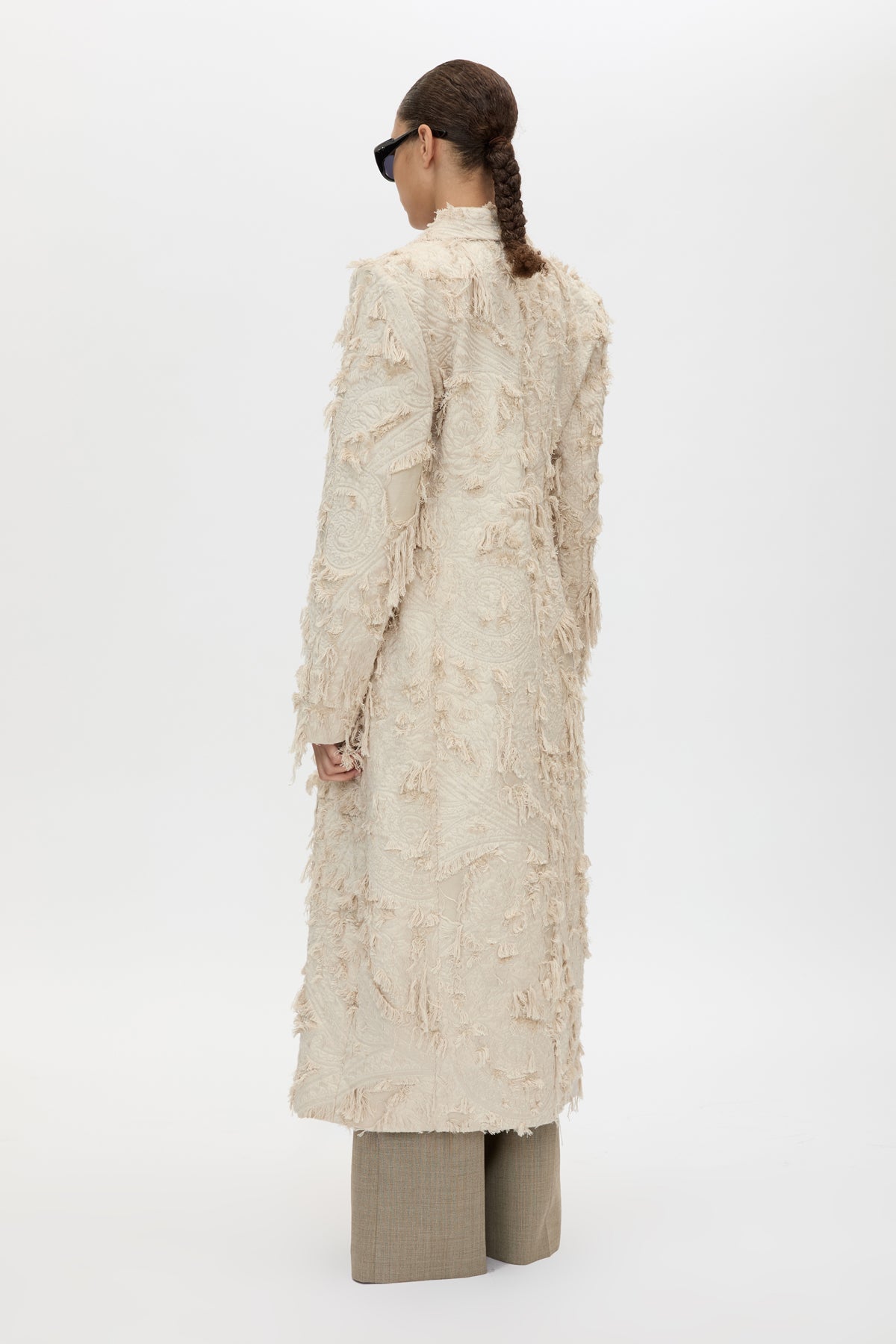 Back view CAMILLA AND MARC Tundra Double Breasted Coat in Stone with exaggerated shoulders, fitted waist and jacquard floral texture.