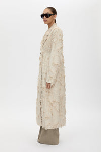 Side view CAMILLA AND MARC Tundra Double Breasted Coat in Stone with exaggerated shoulders, fitted waist and jacquard floral texture.
