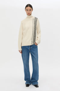 Front view CAMILLA AND MARC Tusk Detail Knit Turtleneck in Black with contrast jacquard stripe and Australian wool.