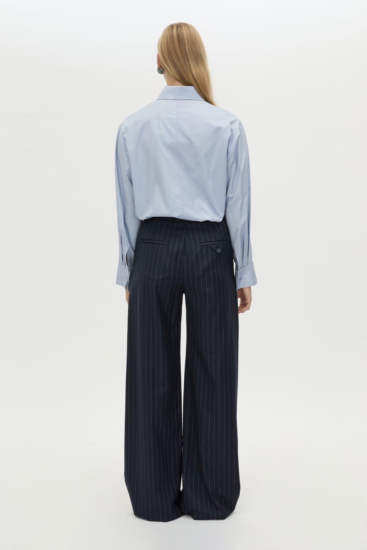 Back view CAMILLA AND MARC Tyler Long Sleeve Shirt in Sky Blue with relaxed fit.