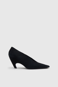 Side view CAMILLA AND MARC Wave Pump in Black suede with narrow square toe and angled heel.