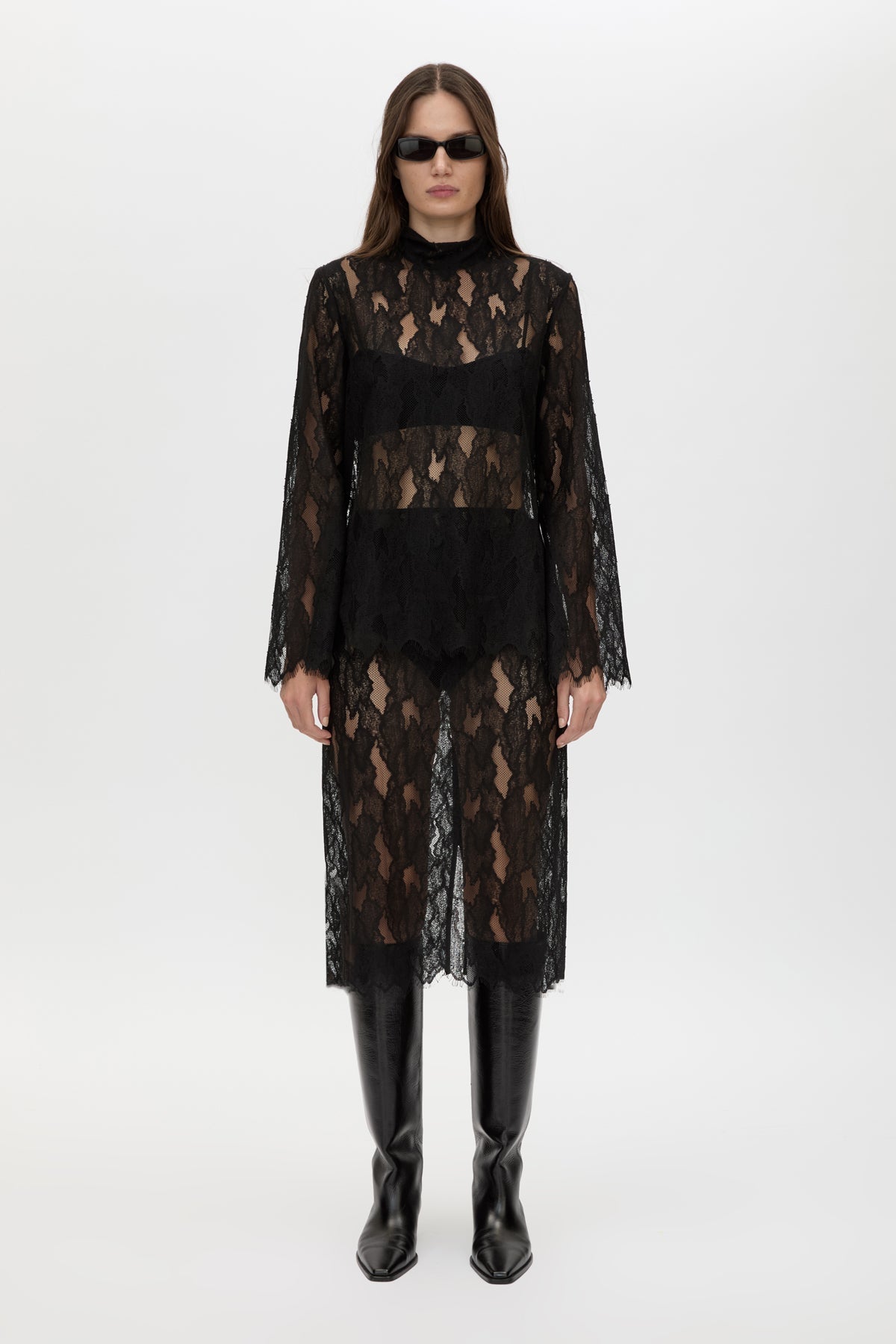 Front styled view CAMILLA AND MARC Zemira Long Sleeve Lace Top in Black with sheer lace and high neckband.