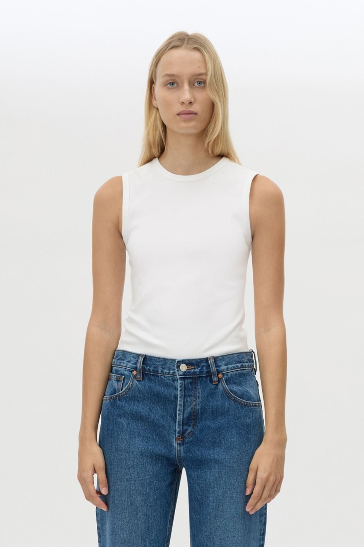 Cropped view CAMILLA AND MARC Alba Crew Neck Tank in White with fitted silhouette.